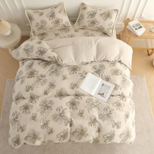 Image of Story@Home King Size Bedcover Set | 400 TC Microfiber Bedding Set with 1 Duvet Cover 1 King Bedsheet 270 x 250 cm & 2 Pillow Covers | Soft Durable Duvet Cover Set Floral Pattarn | Beige Green