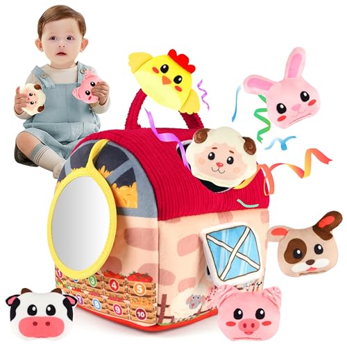 Charmofun Giochi Neonato Montessori 6-12 Mesi, Casa Morbida Animali con Fienile e Specchio, Giochi Sensoriale con 6 Animali, Regalo per Bambini 1 2 3 Anni
