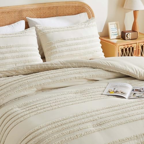 Image of BEDELITE Boho King Size Comforter Set - Beige Tufted Striped Bed Set 3 Pieces, Soft Vintage Farmhouse Comforter for All Seasons, Boho Home Decor,Fluffy Jacquard Bedding with Pillow Sham