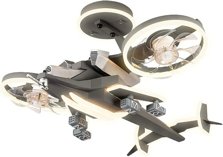 NOVOCE Ventilador de techo de avión de dormitorio con luces creativas de caricaturas de combatientes de niños ventilador eléctrico de habitación de