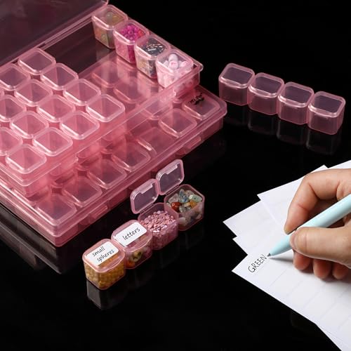 Image of Mr. Pen- Bead Storage Containers, 28 Grids, 2 Pack, Transparent Pink | 160 pcs Label Stickers, Transparent, Small Bead Organizer Box, Diamond Art, Diamond Painting Organizer