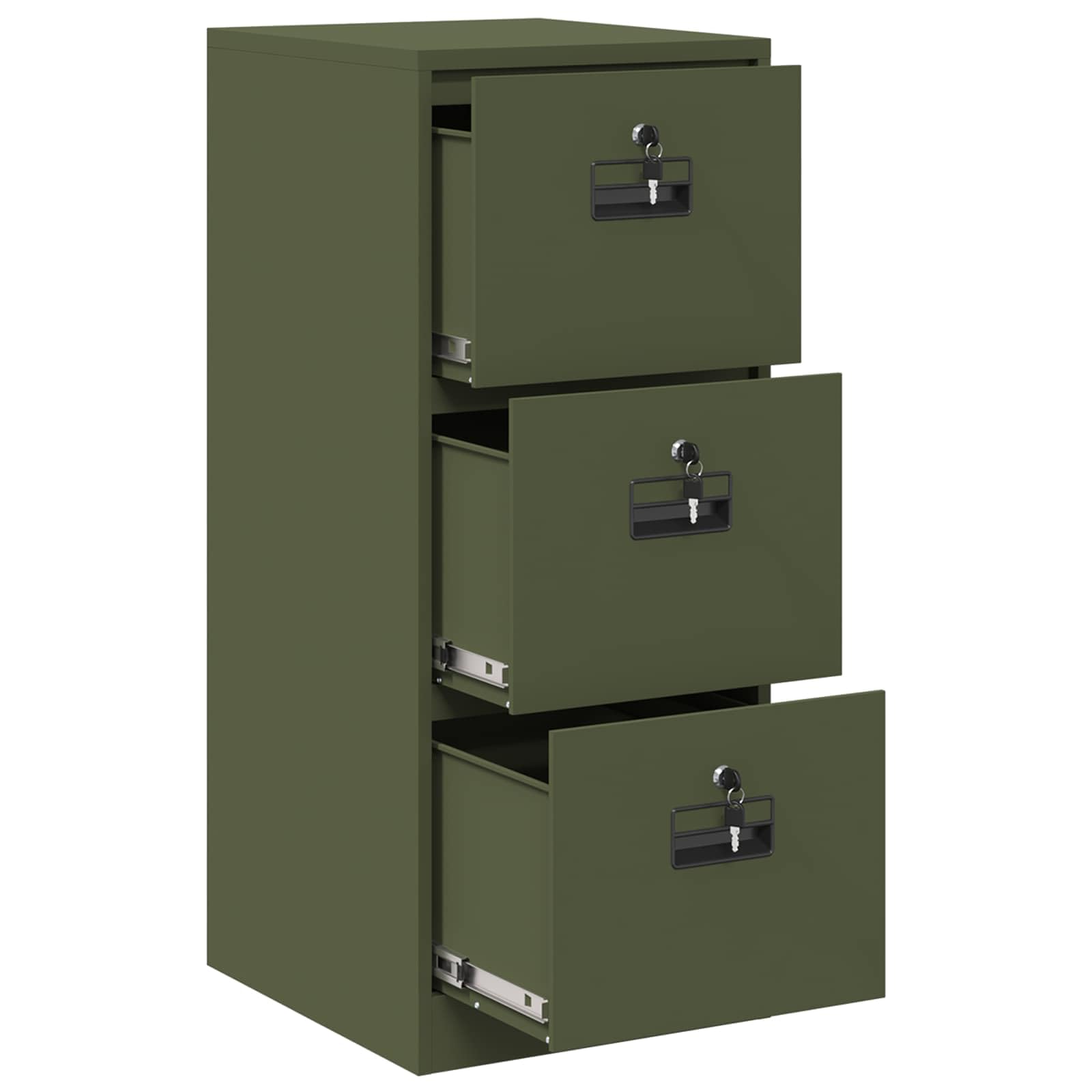 Aktenschrank Olive Grün aus Kaltgewalztem Stahl 44 x 50 x 106,5 cm mit 3 Schubladen, Ausziehbaren Regalen und Zylinderschlössern für Büro, Stauraum und Mehrzweck-Aufbewahrung