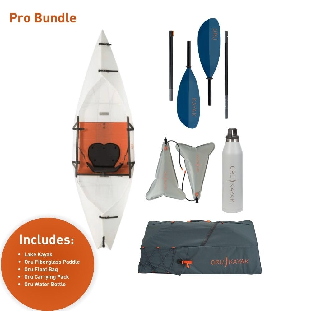 Oru Kayak Lake Pro Bundle | Incl. Foldable Kayak, Fiberglass Paddle, Pack, Float Bags, Bottle - Lightweight, Portable - Lake & River Kayak - Beginner, Intermediate - Kayak Size: 9 x 32 in, 17Lbs