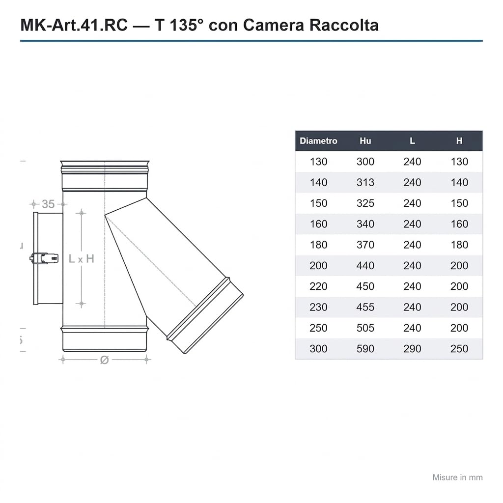 MAKA Raccordo a T 135° con Camera Raccolta Incombusti per Canna Fumaria in Acciaio Inox (Ø 160 mm, AISI 316)