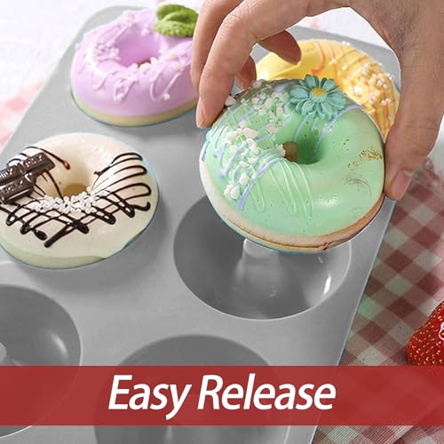 2 Pack Doughnut Mould, 6 Cavity Silicone Donut Molds Non Stick Donut Pan for Baking Mini Doughnut Tray Ring Cake Tins (Red+Grey) - Image 5