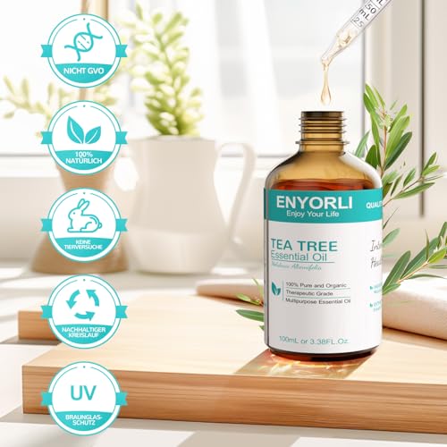 ENYORLI Teebaumöl 100ml 100% Naturrein Tea Tree Oil Reines und Ätherisches Aromatherapieöl Vegan Teebaum Ätherisches Öl für Diffuser,Shampoo, Gesicht,Haut, Nagel