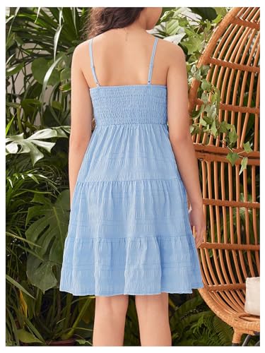WDIRARA Girl's Summer Ruched Shirred Ruffle Hem A Line Cami Dress High Waist Flared Solid Short Dresses2