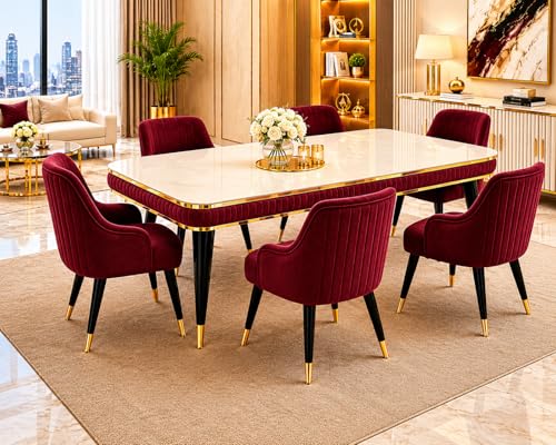 Image of WOODEN SPACE 6-Seater Wooden Dining Table Set | Nano Composite Marble Top | Solid Wood Base | Modern Dining Room Furniture with 6 Chairs (Maroon Modern Zyro)