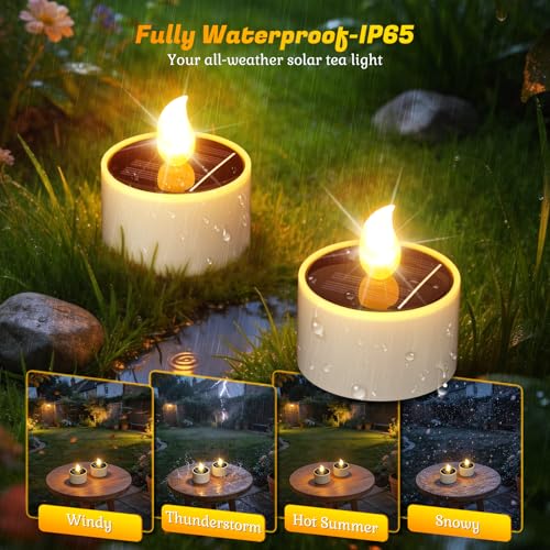 Image of PChero Solar Tea Lights, Rechargeable Outdoor Flameless Candles, 6 Pack | IP65 Waterproof, Dusk to Dawn Sensor, Warm Flickering Glow, Fits Lanterns, Patio, Garden, Camping & Window Decor