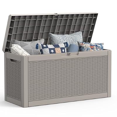 Mars Villa 60 Gallon Outdoor Storage Bench, Deck Box Waterproof Outside Resin Storage Bin for Outdoor Patio Furniture Cushion, Pool Supply, Garden Tool, UV-Resistant and Weatherproof, Rattan Greige
