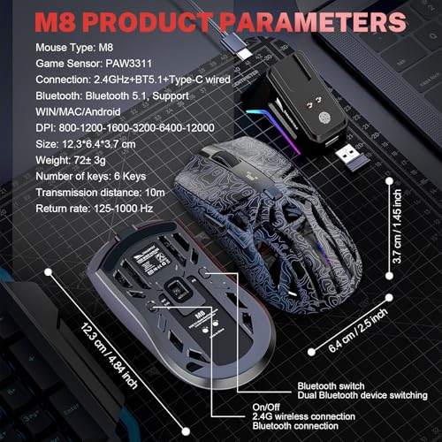 Image of RGB Magnetic Charging Dock Gaming Mouse, 12K DPI, PAW3311 Sensor, Tri-Mode Wireless, 6 Programmable Buttons, Ultra-Light 72g for PC /Mac (White)