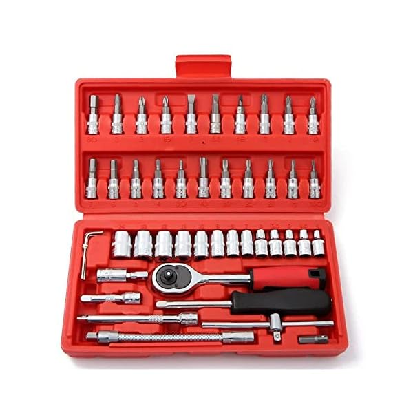 46 Piece Mechanic Tool Set 1/4" Dr. Ratchet Wrench Set with Storage Case Includes Bit Sockets and Extension Bar