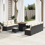 QZZCED 10-teiliges Garten Sofa Set mit Kissen Schwarz Poly Rattan Akazie Garten Lounge Set Outdoor Lounge Möbel für Gärten