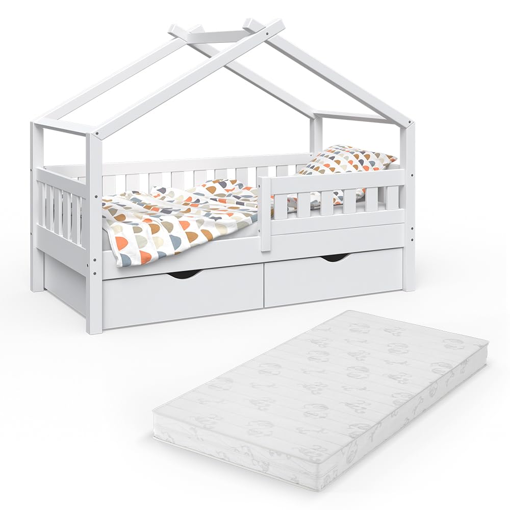 VitaliSpa Letto montessori bambini Design, Bianco, 80x160 cm | con 2 cassetti e materasso, adatto come area giochi e zona notte per bambini