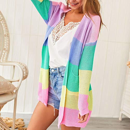 Image of ECOWISH Cardigan Sweaters for Women Fall Causal Color Block Striped Long Sleeve Open Front Cozy Knitted Coats Spring Outwear