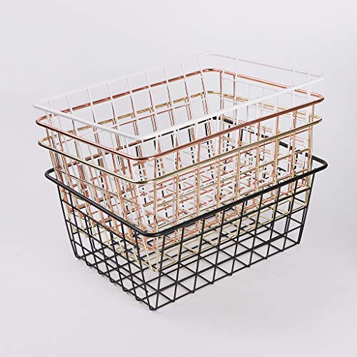 Fvstar 2pcs Wire Storage Basket Farmhouse Metal Household Container Storage Organizer Bin Divider with Handle for Pantry,Shelf,Countertop,Refrigerator,Freezer,Kitchen,Bathroom (Small, Rose Gold)
