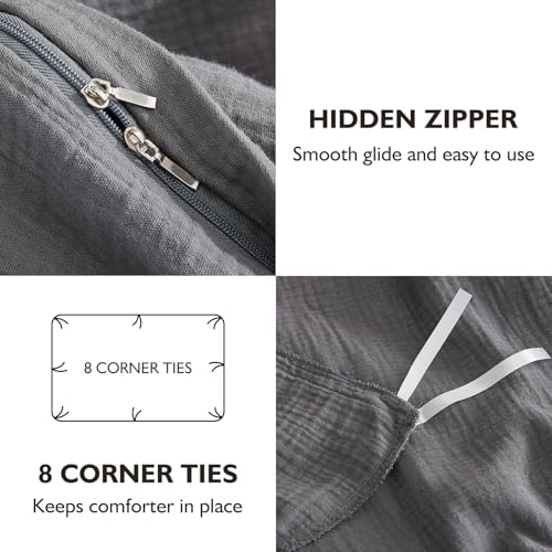 Image of EMME Muslin Cotton Duvet Cover Set Queen Size Linen Like Soft Breathable Lightweight Summer Comforter Cover Set with Zipper Closure (Dark Grey, Queen, 90 inchx90 inch)