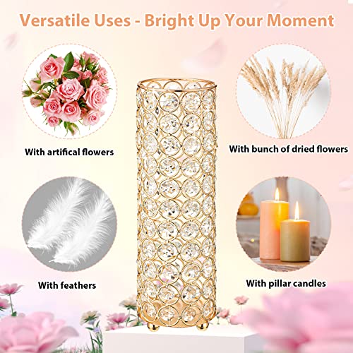 4 Pieces Crystal Decorative Flower Vase For Wedding Table Centerpieces 10.25" Gold Cylinder Metal Vases Wedding Table Decorations Crystal Tea Light Candle Holders For Wedding Party Events Home Decor #TOP2