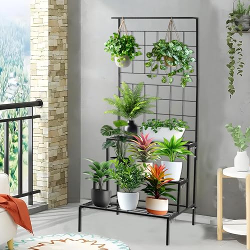 Image of Kuber Industries Large Metal 3 Tier Plant Stands for Outdoor Balcony, Flower Pot Stand for Indoor Plants, Planter Stand for Living Room, Home Decor, Indoor & Outdoor Plants | Black