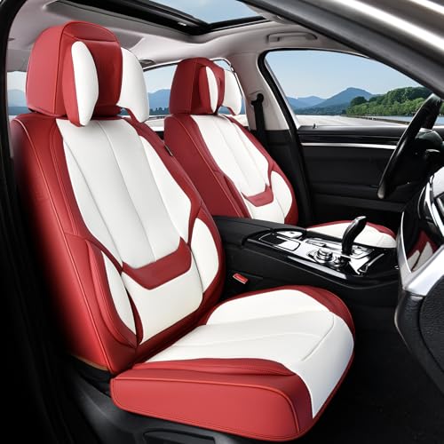 Image of Coverado Seat Covers, Car Seat Covers Front Seats, Car Seat Cover, Car Seat Protector Waterproof, Seat Cushion Nappa Leather with Head Pillow, Carseat Cover Universal Fit for Most Cars (Red&White)