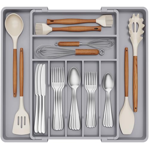 Lifewit Range Couverts pour Tiroir, Plateau d'Ustensiles Extensible, Organisateur de Cuisine Réglable, Rangement Compact pour Contenir des Cuillères,...