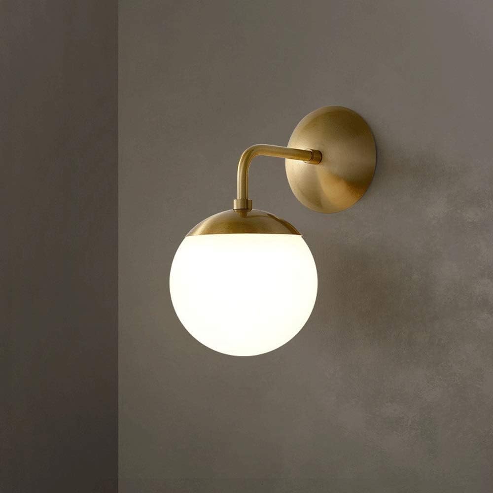 VGTLAKEX Wall Light Copper White Globe Glass Lampshade Sconce Bedside Lighting Indoor Lamps in Satin Brass for Living Hallway E27 Socket