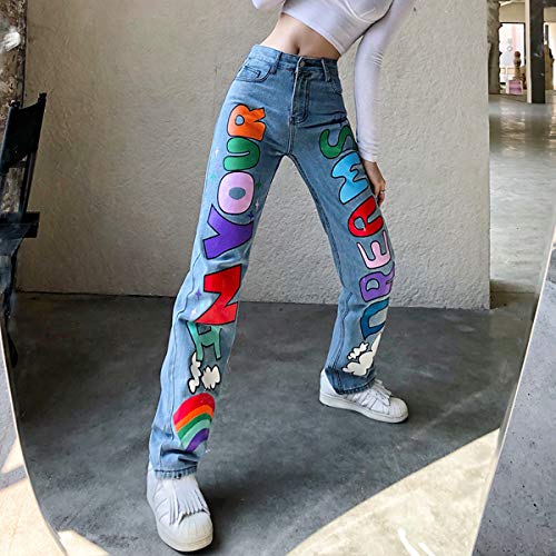 Baggy Jeans For Women Colorful Rainbow Letter Print Wide Leg High Waist Denim Pants Fashion Funny Streetwear Jeans #TOP4