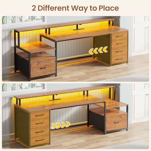 Image of SEDETA Home Office Desk with File Drawer & Power Outlet, 66'' Computer Desk with 5 Drawer, Storage Shelves, Printer Cabinet and Monitor Shelf, Gaming Desk with Led Lights, Rustic Brown
