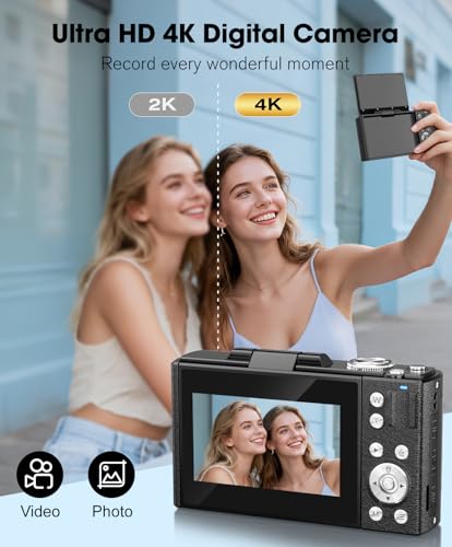 4K 64MP Digital Camera with Flip Screen, Retro Vlogging Cameras for YouTube, Compact Photography Camera Gift for Beginners & Teens, Travel Video Camera with 32G Card, 2 Batteries(Black) - Image 4