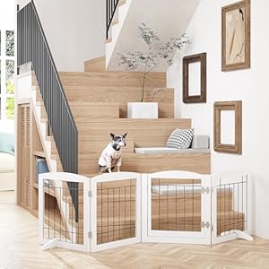 Pawland freestanding dog gate indoor with walk through door dog gate for the doorways house stairs 80 wide pet puppy safety fence with support feet 4 panels white   cucciolini doodles