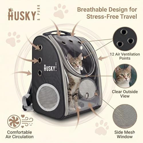 Image of Husky & Purr Cat Bag Carrier Backpack, Black | Collapsible Breathable Pet Carrier Backpack | Anti-Scratch Transparent Cat Carrier Bag for Travel, Up to 7kgs
