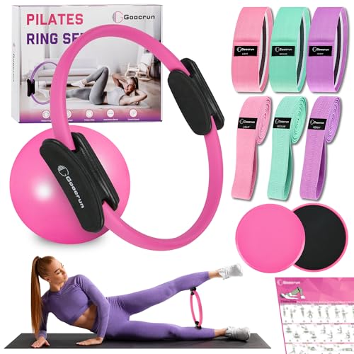 Goocrun Pilates Ring Set Exercise Equipment with Fabric Resistance Bands Set, Pilates Ball, Sliding Disks – Workout Equipment Home Gym Includes Complete Fitness Poster (Pink)