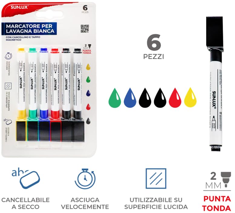Starplast Brochin - 2 Pennarelli Per Lavagna Bianca Con Magnete E Gomma + Gomma Cancellino Con Magnete - Punta Rotonda 2mm, 8 Colori Casuali