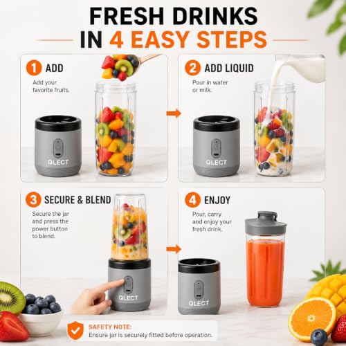 Image of QLECT Portable Blender for Smoothies & Juices | 400ml Personal Juicer Mixer Grinder | 1500mAh USB Rechargeable Battery | 2 Jars | Stainless Steel Blades | ISI Certified | Made in India