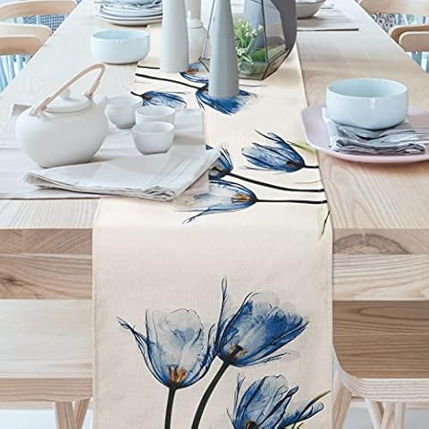 Weldomcor Tischläufer Blaue Blume 32x180cm Waschbare Tischdecke Floral Tulpe Pflanzen Tischläufer Sommer Dekorativer Tischläufer Modern Cover