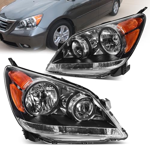 Headlight Assembly Fit for 2005-2010 Honda Odyssey 2005 2006 2007 2008 2009 2010 Halogen Headlamp Replacement Driver Passenger Side Black Housing Amber Reflector Clear Lens HO2502136 HO2503136