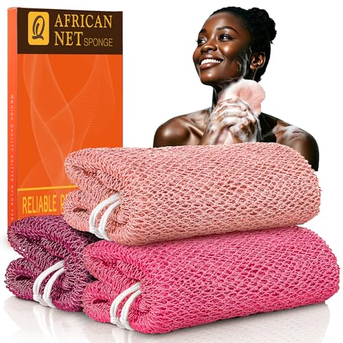 Image of UJFQBH African Net Sponge Authenti, Exfoliating Body Scrubber for Back and Hard to Reach Areas, Gentle Daily Exfoliation for Deep Cleansing, Quick Drying Shower Essential, Berry Pink 3 Pack