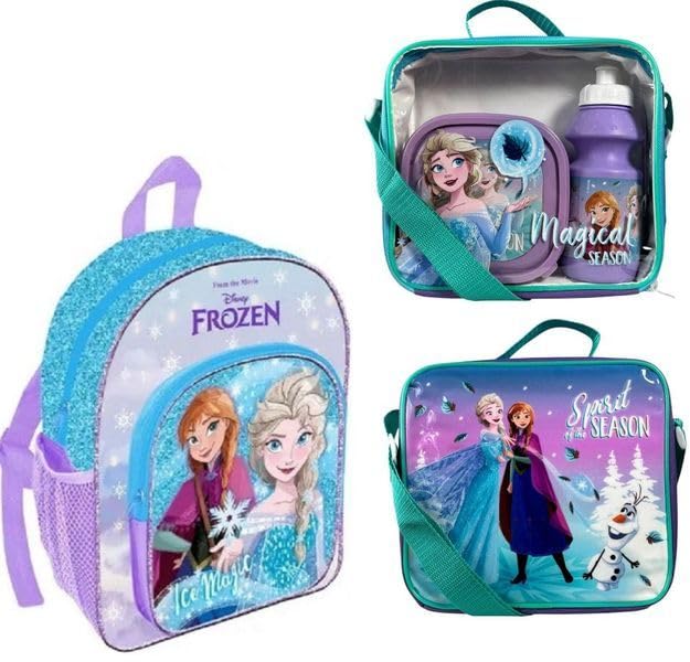 Top Linen (NW) Ltd Kids 4-Piece Deluxe Character School Set Backpack Lunch Bag Drinks Bottle & Sandwich Box | Durable Colourful & Perfect for School (Frozen)