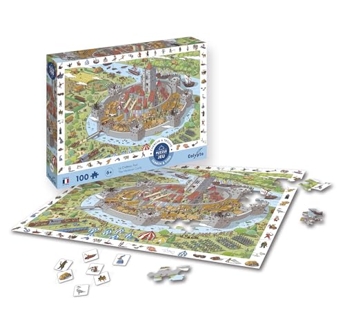 Calypto 3907506 Mittelalterburg, 100 Teile XL-Puzzle mit Soft-Touch, Kinderpuzzle mit samtiger Oberfläche inkl. Suchspiel und Puzzleposter, für Kinder ab 6 Jahren, Schloss, Ritterburg, Wimmelbild