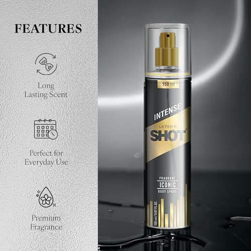 Image of Layer'r Shot Iconic Body Spray for Men 150ml | Long-Lasting Premium Fragrance | Spicy Citrus & Amber Notes | Everyday Wear | IFRA Certified