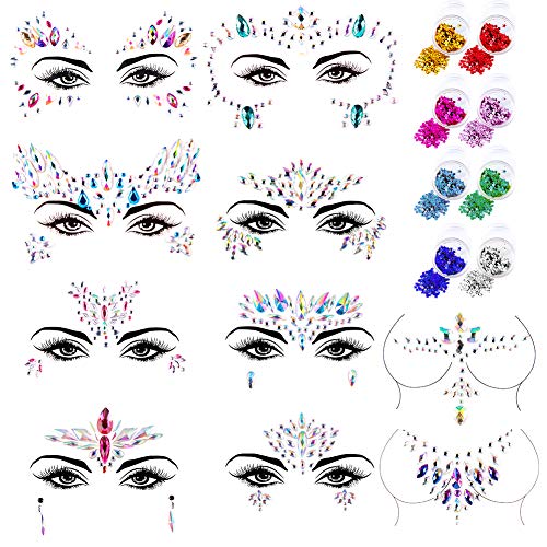 WXJ13 10 Set Face Jewels Stick on Face Women Crystals Face Stickers Breast Jewelry Stickers with 8 Boxes Face Glitter