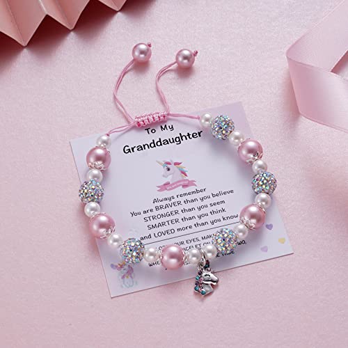 MIXJOY Unicorn Pearl and Rhinestone Balls Pink Bracelet&Card w/Gift Box for Women, Unicorn Lovers Birthday Easter Gifts4
