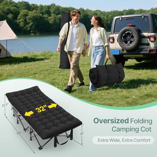 Image of Suteck 32In XXL Folding Camping Cot, 900LBS Heavy Duty Sleeping Cot with Pillow Mattress, 1200D Double-Layer Oxford Portable Cot for Adults with Carry Bag for Home Office Nap Beach Travel