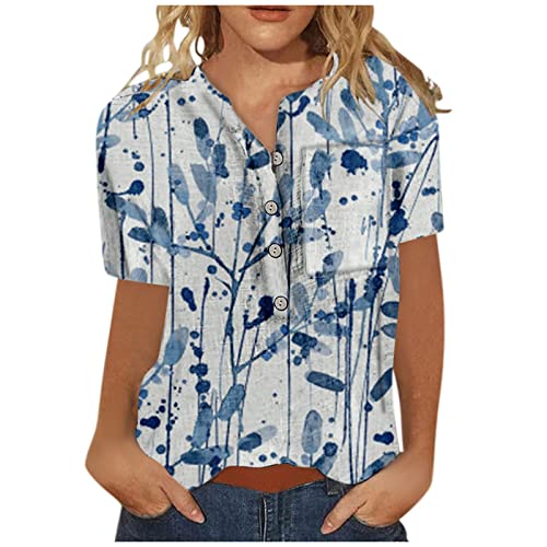 Summer Tops for Women Vintage Floral Print Button Up Short Sleeve Tshirt with Pocket Crew Neck Slim Casual Blouse Tees