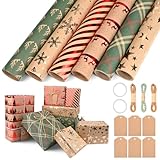 GuKKK Weihnachtsgeschenkpapier, 6 Rollen 43 X 300cm Geschenkpapier Weihnachten Rolle, Kraftgeschenkpapier Gedruckt mit Weihnachtsmuster, Geschenkpapierrollen für Geschenkkisten & Dekoration (A)