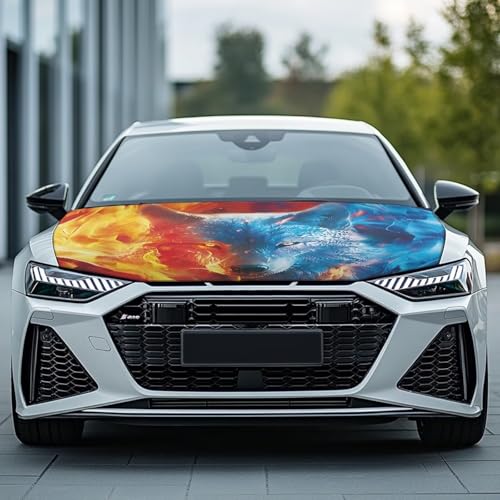 Image of Fire Blue Wolf Hood Cover for Truck Stretchable Engine Cover Can be Washed Hood Wraps Universal for Cars