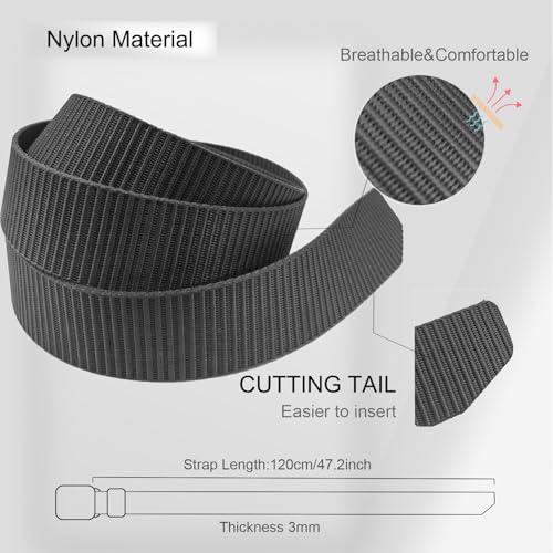 Nylon Mens Belt,Adjustable Web Belt,Military Belt with Non Metal Plastic Buckle,Slidable Ring Clip,47.24inch4