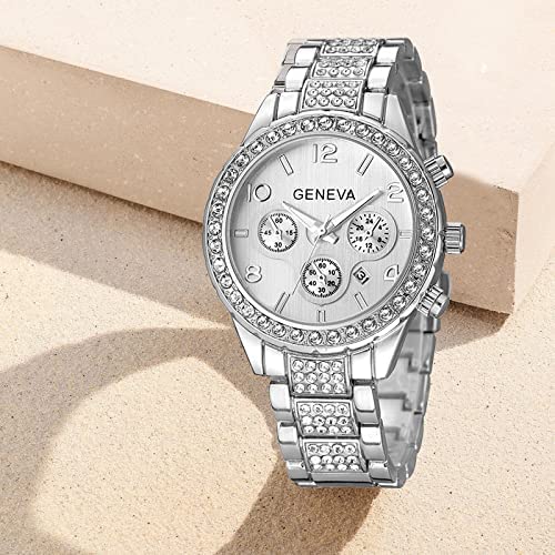Reloj de cuarzo analógico con pulsera de eslabones de acero inoxidable para pavimentar unisex, plateado, ((C Silver), Estándar para hombre, Reloj de cuarzo 9