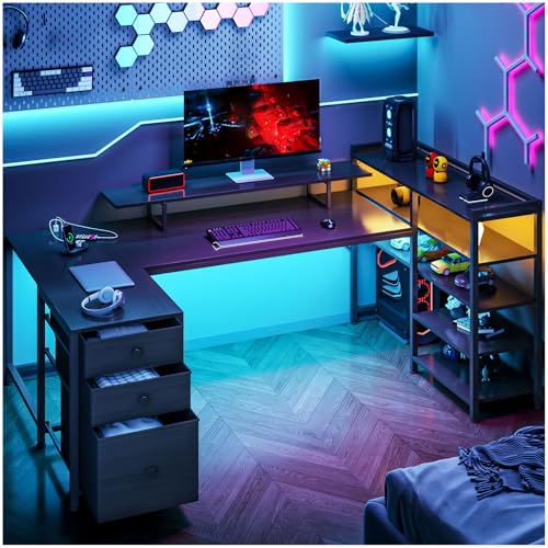 Simple Wisdom Escritorio en l,Escritorios Gamer,Escritorios Ordenador Reversible Forma de U,Escritorio con Luz LED y Toma Corriente USB (Negro)