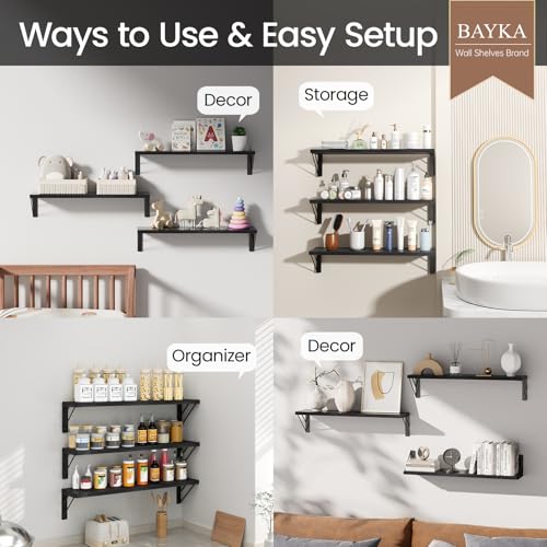 Image of BAYKA Wall Mounted Floating Shelves, Wood Floating Wall Shelf for Books & Decor, Small Space-Saving Display & Organizer(Black,36in,Set of 3)